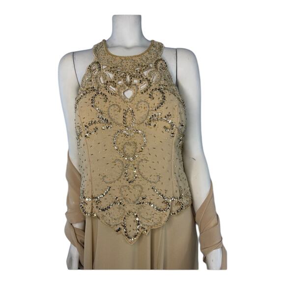 Miss New York high neck cut out Sequenced & beaded dress and scarf size 16 - Picture 2 of 11